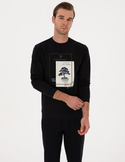 Lacivert Regular Fit Bisiklet Yaka Bask_l_ Sweatshirt