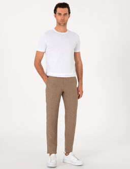 A__k Kahverengi Carrot Fit Beli Lastikli %100 Keten Spor Pantolon