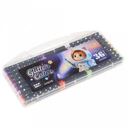 Маркер для рисования "Metallic Glitter" на водной основе, с блестками, мягкий наконечник - кисточка, круглая форма, тонкий, набор 36шт, в пластмассовом кейсе с ручкой 27,7х14,5х2,5см (Китай)