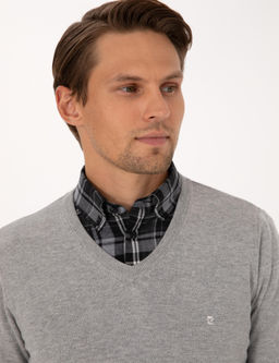 A__k Gri Melanj Slim Fit V Yaka Basic Triko Kazak - Pierre cardin фото 2