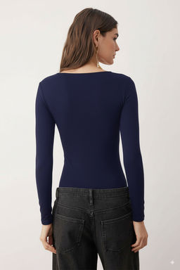 Lacivert Duz Asimetrik Yaka Uzun Orme Sandy Y?lbas? Body TPRAW26BD00023