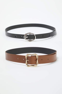 Siyah-Taba 2li Paket Deri Gorunumlu Kemer TWOAW26KE00007