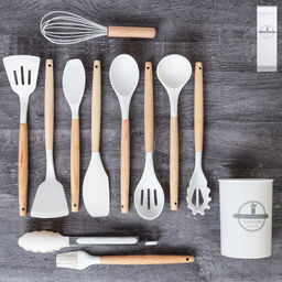 Кухонный набор 12 предметов в подставке/ KNA-140 /уп 16/ приборы силикон/дерево /0,8/Молочный - Галеонтрейд фото 2