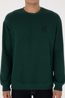 Erkek Oversize Fit Bisiklet Yaka Koyu Ye_il Sweatshirt
