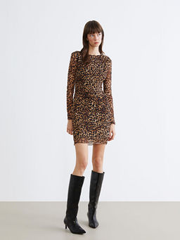 Bisiklet Yaka Leopar Desenli B?zg?l? Mini Elbise