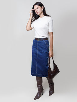 Джинсовая юбка прямая с разрезом и декоративной стиркой из эластичного денима - Vilatte фото 4