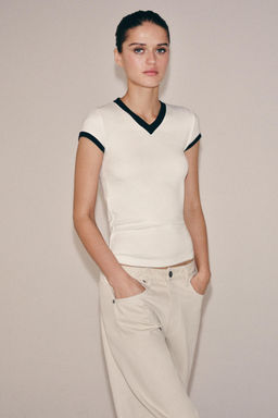 CAMISETA RIB CONTRASTE / Crudo - Zara фото 4