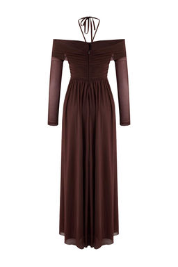 Kahverengi Tul Boyundan Baglamal? Etegi Belden Ac?lan Maxi Abiye & Mezuniyet Elbisesi TPRSS26AE00001