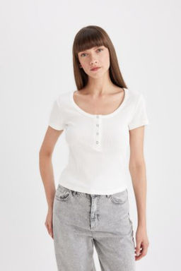 Slim Fit Dar Kesim Bisiklet Yaka Fitilli Kaskorse K?sa Kollu Tisort