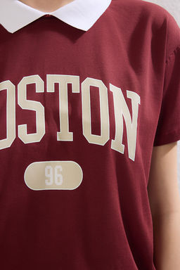 TRENDYOLMILLA Kahvererengi %100 Pamuk Sehir Bask?l? Rahat Kesim Basic Polo Yaka Orme T-Shirt TWOSS21TS3424 фото 3