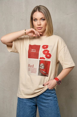 K12472 Футболка OVER SIZE (плотный хлопок) БЕЖЕВЫЙ