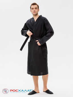 Мужской вафельный халат с планкой черный В-03 (27)