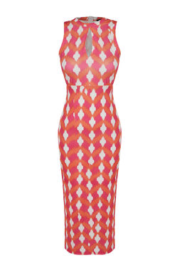 K?rm?z? Retro Desenli Cut Out Detayl? Vucuda Oturan Dik Yaka Orme Kalem Elbise TWOSS23EL02166