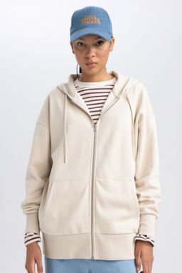 Oversize Genis Kal?p Kapusonlu Cepli Basic Duz Fermuarl? Sweatshirt