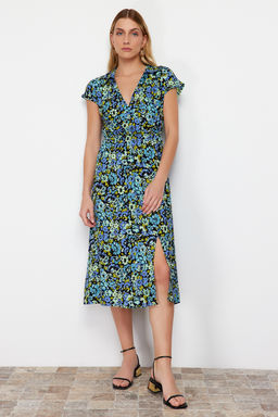 Lacivert Cicek Desenli A Kesim Kruvaze Yaka Viskon Midi Dokuma Elbise TWOSS24EL00607 - Trendyolmilla фото 3