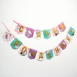 Цена за 2 шт. Гирлянда на ленте «С Днем Рождения!», длина 215 см, Минни Маус и Единорог