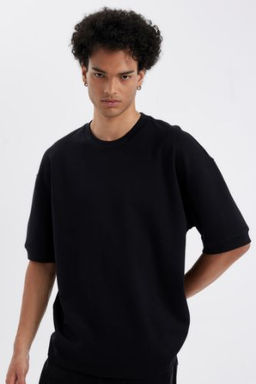 Loose Fit Bisiklet Yaka Ag?r Kumas Pamuklu K?sa Kollu Basic Duz Tisort