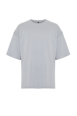 Gri Oversize/Genis Kesim Cicek Bask?l? K?sa Kol %100 Pamuklu T-Shirt TMNSS21TS1223