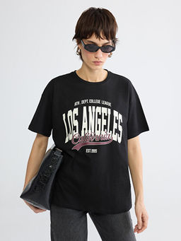 Bisiklet Yaka Los Angeles Bask?l? Kad?n Ti??rt