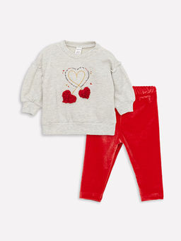 Bisiklet Yaka Bask?l? K?z Bebek Sweatshirt ve E?ofman Alt 2li