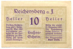 Банкнота 10 геллеров 1920 года Австрия Рейхенберг (нотгельд)