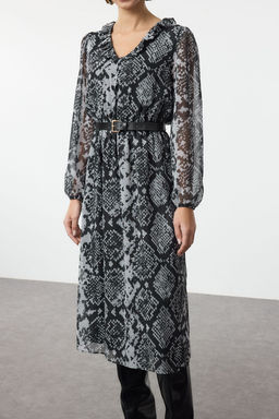 Siyah Animal Kemerli Midi Dokuma Elbise TWOAW25EL00341 - Trendyolmilla фото 4