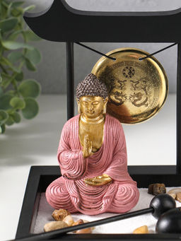 Японский сад камней настольный «Дзен. Будда в розовом у гонга», с подставкой для благовоний и набором аксессуаров, 13.2×15×16 см