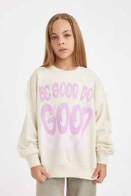 Толстовка оверсайз широкого кроя с круглым вырезом и принтом для девочек цвета экрю - Defacto фото 3