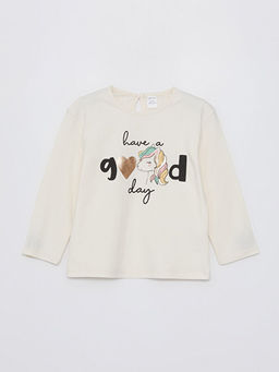 Bisiklet Yaka Uzun Kollu Bask?l? K?z Bebek Ti??rt