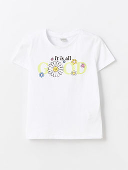 Bisiklet Yaka Bask?l? K?sa Kollu K?z ?ocuk Ti??rt ve ?ort - Waikiki фото 2