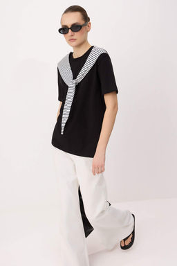 Siyah Oversize/Genis Kal?p K?sa Kollu Baglama Detayl? Uzun Yumusak Orme T-shirt TWOSS26TS00269 - Trendyolmilla фото 2