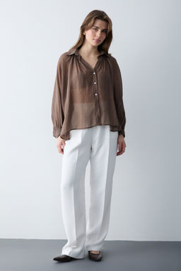 Kahverengi Ince Dokumlu Balon Kol Dokuma Gomlek TWOSS26GO00139 - Trendyolmilla фото 2