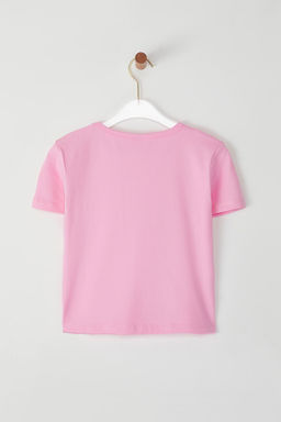 Pembe Fitted/Vucuda Oturan Slogan Bask?l? Fiyonklu Orme T-Shirt TWOSS25TS00082