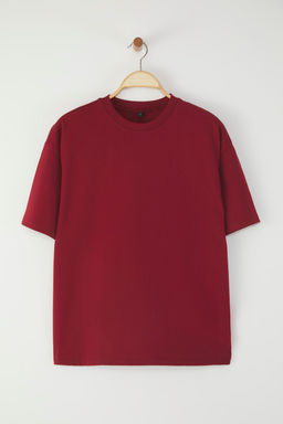 Bordo %100 Kal?n Pamuklu Premium Oversize/Genis Kal?p Bisiklet Yaka Orme T-Shirt TWOSS23TS00040