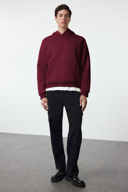 Bordo Oversize/Genis Kesim S?rt? Nak?s Detayl? Kapusonlu Sweatshirt TMNAW25SW00142