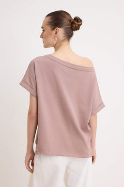 Ekru Slogan Oversize Kay?k Yaka Dusuk Kol K?sa 2 iplik penye Orme T-Shirt TWOSS26TS00150 - Trendyolmilla фото 8