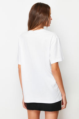 TRENDYOLMILLA Lacivert Bask?l? Oversize/Genis Kal?p Dik Yaka Orme T-Shirt TWOSS23TS00373  фото 8