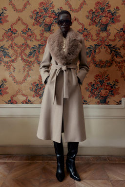WOOL COAT WITH FAUX FUR LAPEL AND BELT