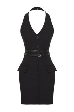 Trendyolmilla Limited Edition Siyah Kemerli Dokuma Yelek Elbise TWOSS25EL00800