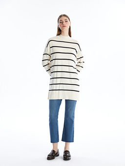 Yar?m Bal?k?? Yaka ?izgili Uzun Kollu Kad?n Triko Tunik