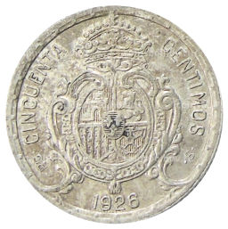 Монета 50 сентимо 1926 года Испания