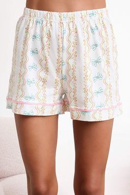 Cok Renkli %100 Pamuklu Cicek ve Kurdele Desenli Biyeli Orme Pijama Tak?m? THMSS26PT00118