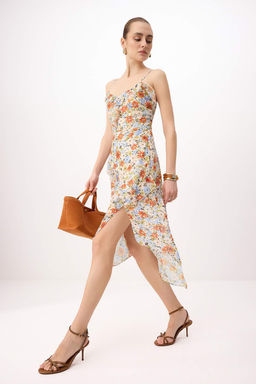 Cok Renkli Cicekli F?rf?rl? Sifon Astarl? Midi Dokuma Elbise TWOSS26EL00322