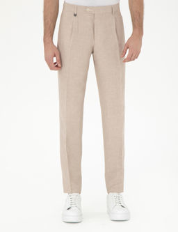 A__k Kahverengi Slim Fit Keten Kar___ml_ Pileli Pantolon