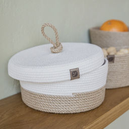 Корзина из джута круглая с крышкой 21х21х11см с белым кантом - Уютности фото 6