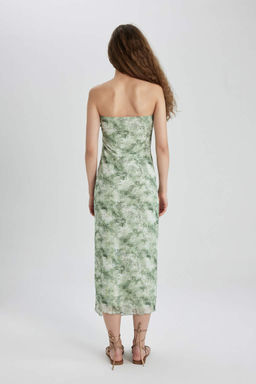 Платье миди из тюля без бретелек с разрезом и рисунком - Defacto фото 5