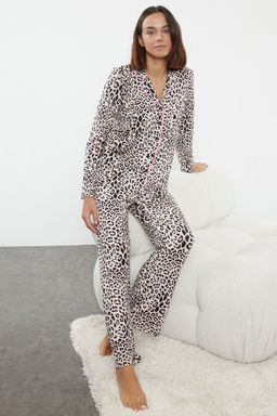 Cok Renkli Leopar Desenli Kurdele/Fiyonklu Biyeli Orme Pijama Tak?m? THMAW25PT00107