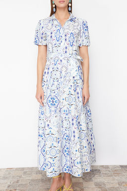 Mavi Genis Kesim Gomlek Yaka Maxi Dokuma Elbise TWOSS24EL00861