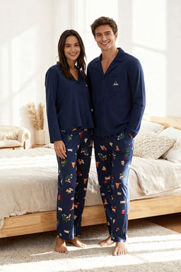Lacivert %100 Pamuk Y?lbas? Temal? Gomlek Yaka Orme Pijama Tak?m? THMAW26PT00172
