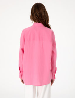 A__k Pembe Oversize Keten Kar___ml_ Uzun Kollu G_mlek